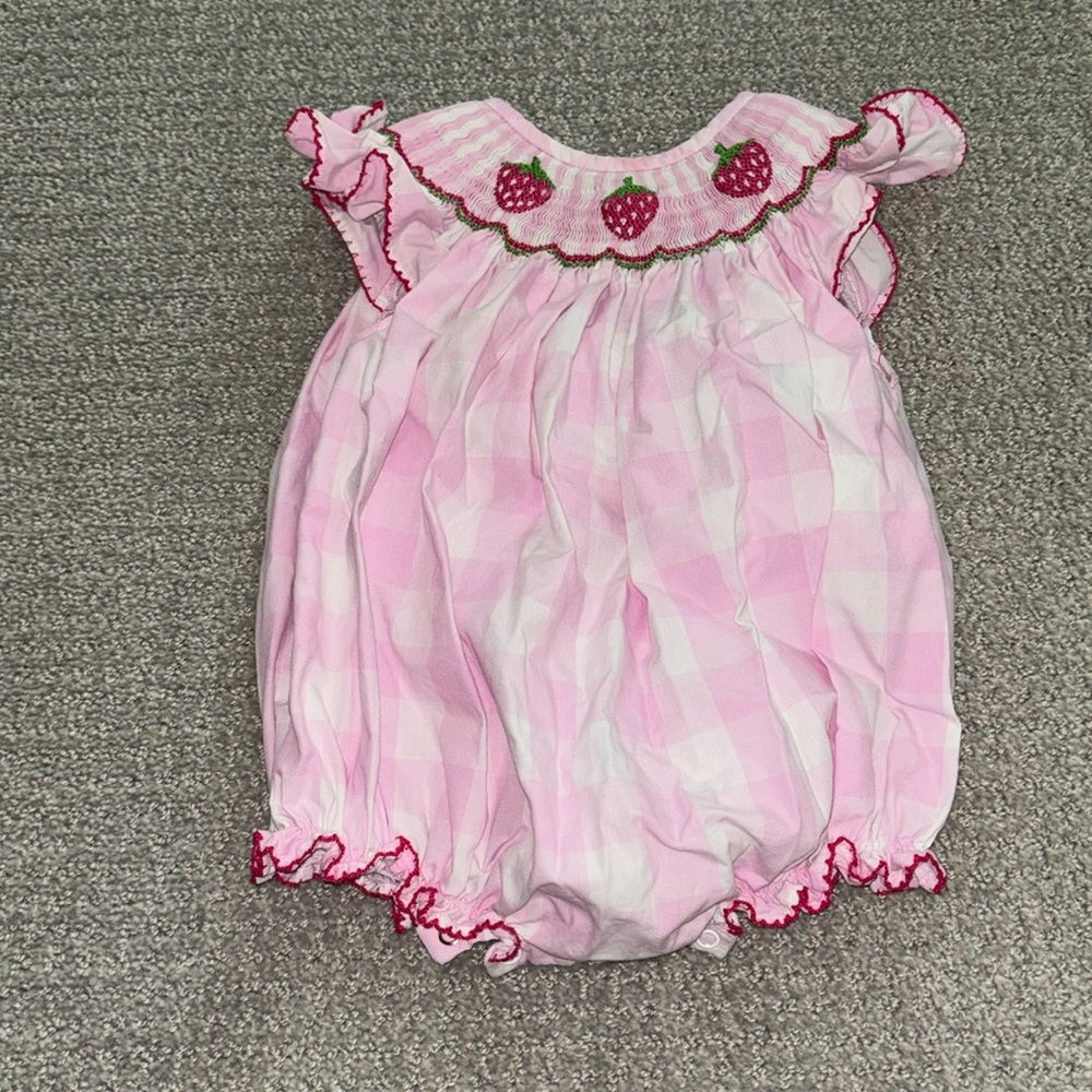Pink Strawberry Smocked Baby One-Piece
